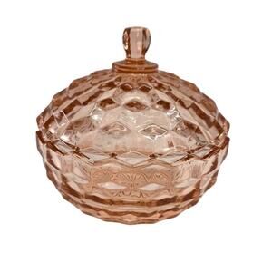 Vintage Pink Indian Glass  Whitehall Cubist Pattern Covered Candy Dish